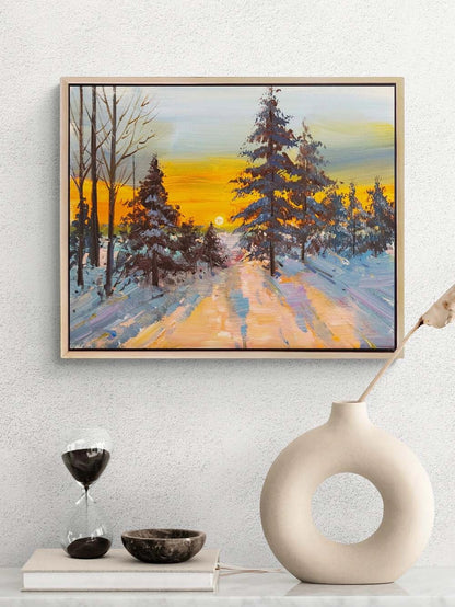 Kar Altında Gün Batımı Yağlı Boya Tablosu