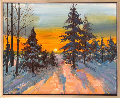 Kar Altında Gün Batımı Yağlı Boya Tablosu