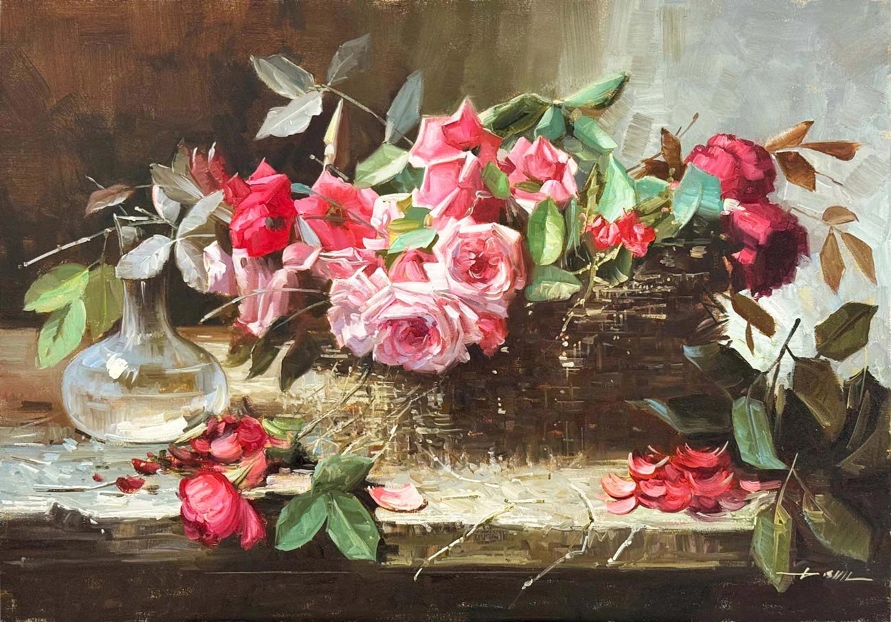 Sepette Baharın Gülleri Yağlı Boya Tablosu