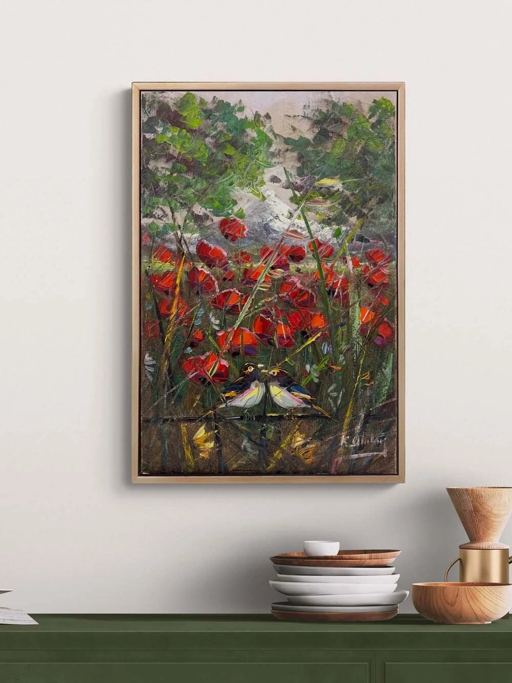 İki Kuş Bir Mevsim Yağlı Boya Tablosu