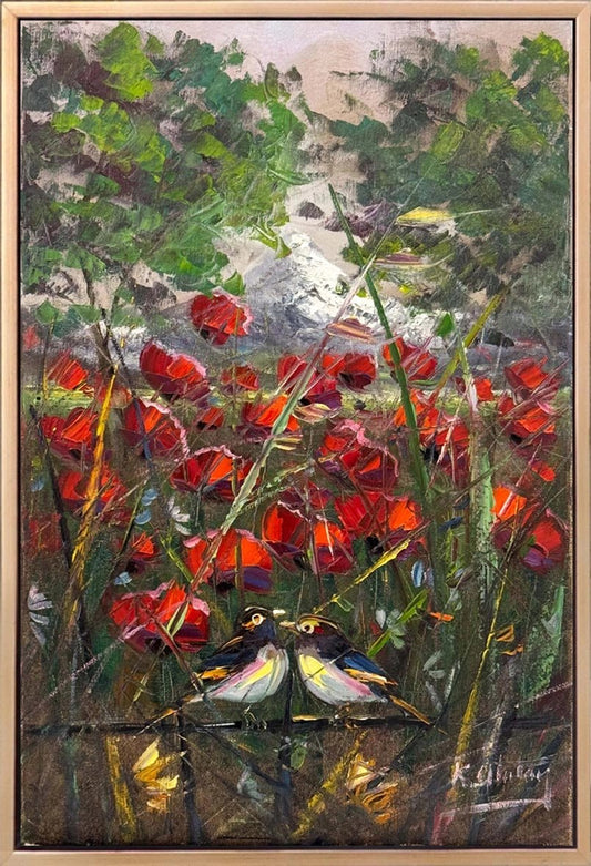 İki Kuş Bir Mevsim Yağlı Boya Tablosu