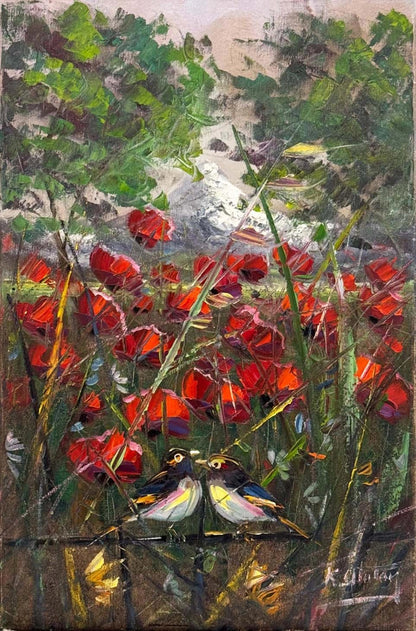 İki Kuş Bir Mevsim Yağlı Boya Tablosu