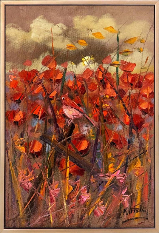 Kırmızıya Konan Kuş Yağlı Boya Tablosu