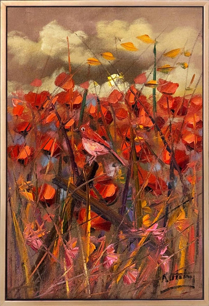 Kırmızıya Konan Kuş Yağlı Boya Tablosu