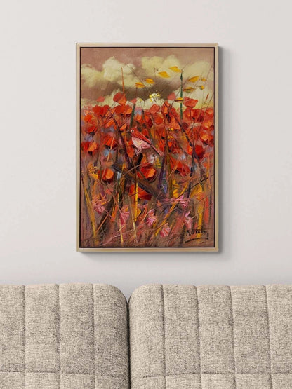 Kırmızıya Konan Kuş Yağlı Boya Tablosu