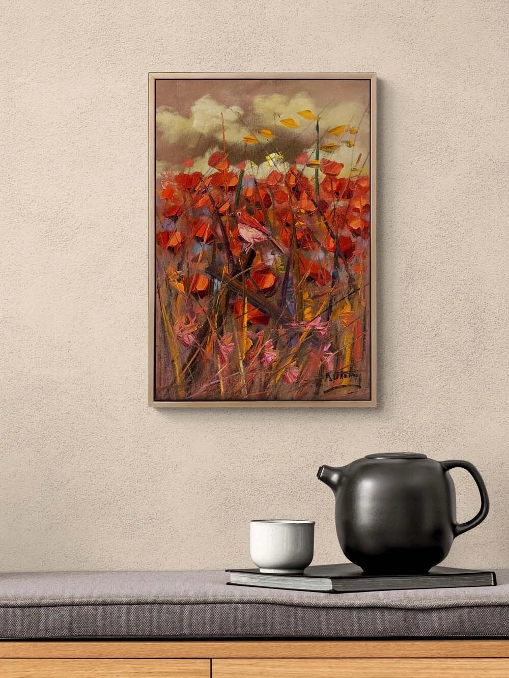 Kırmızıya Konan Kuş Yağlı Boya Tablosu