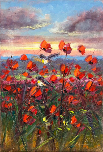 Kuşların Kırmızı Bahçesi Yağlı Boya Tablosu