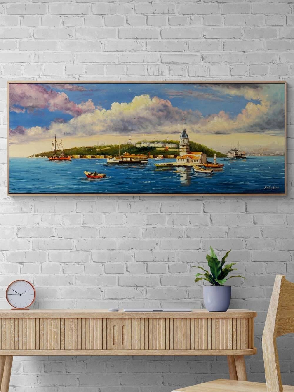 Maviyle Konuşan Kız Kulesi Yağlı Boya Tablosu