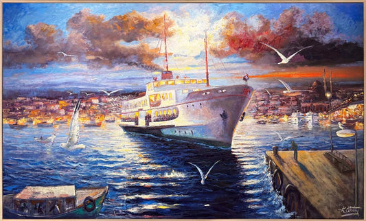 Boğazda Akşam Vapuru Yağlı Boya Tablosu