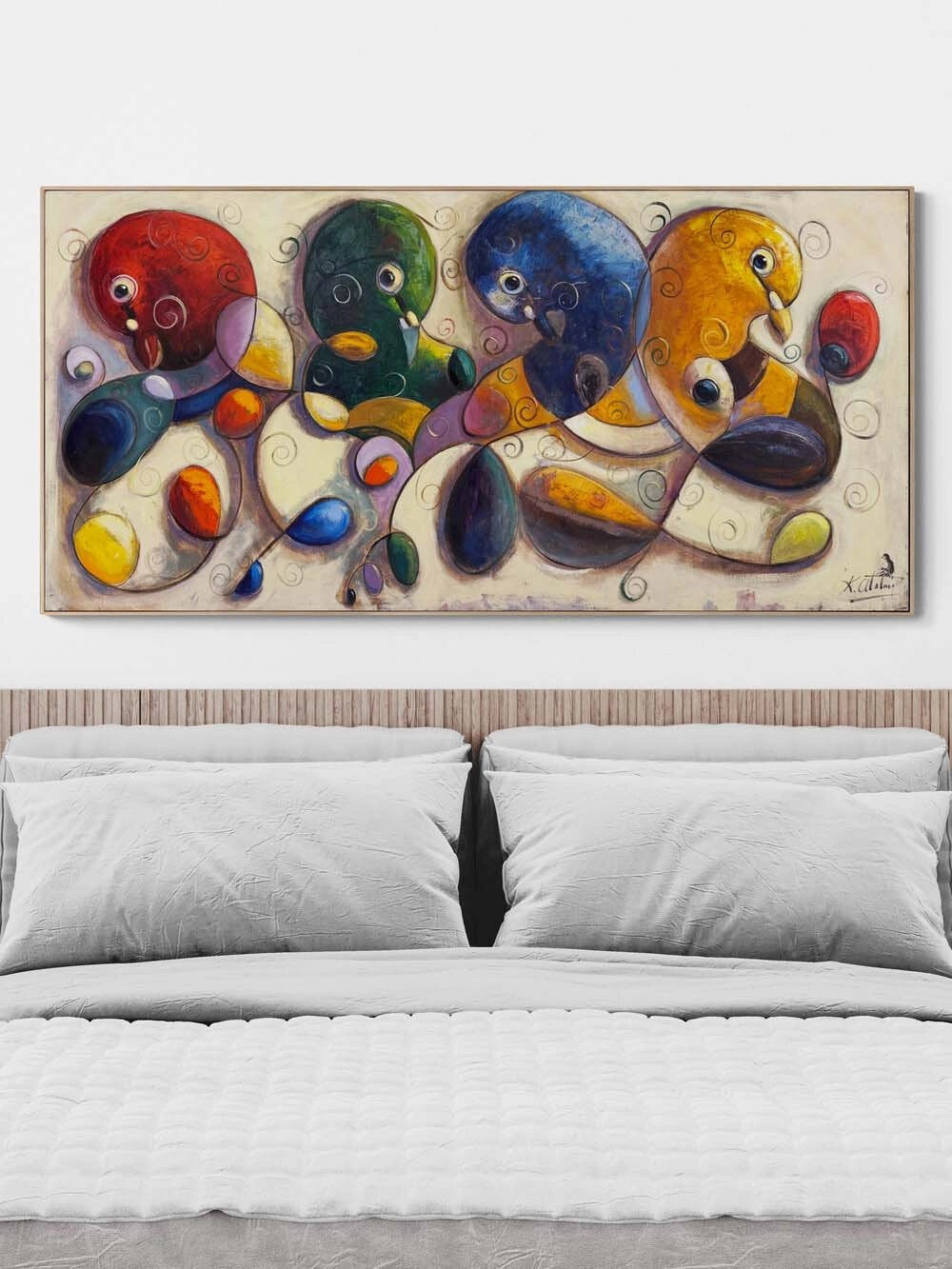 Soyut Renkli Güvercinler Yağlı Boya Tablosu