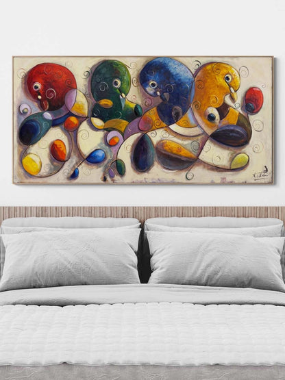 Soyut Renkli Güvercinler Yağlı Boya Tablosu