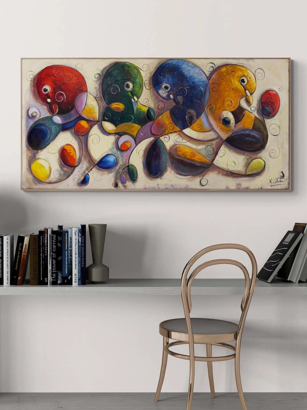 Soyut Renkli Güvercinler Yağlı Boya Tablosu