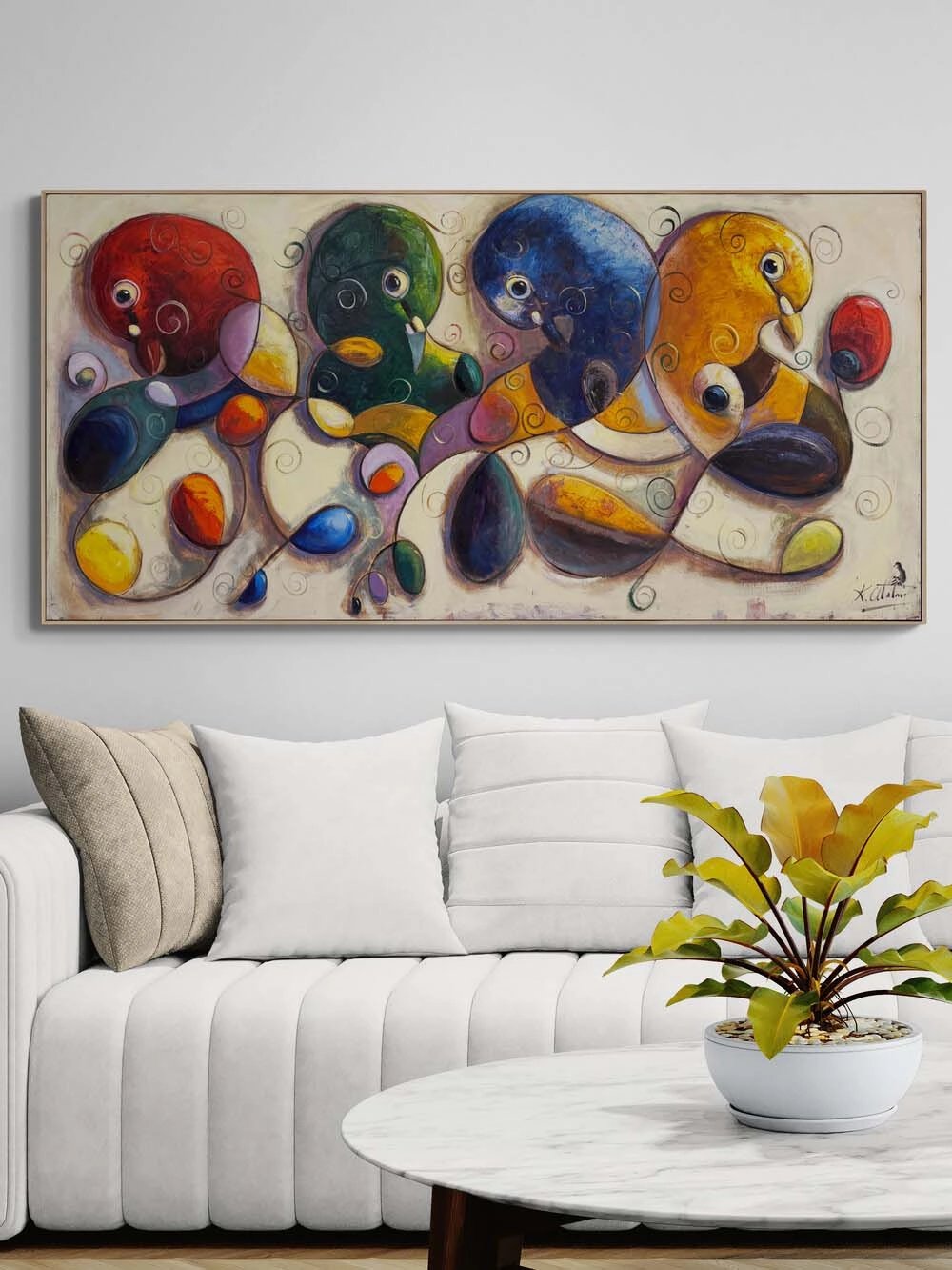 Soyut Renkli Güvercinler Yağlı Boya Tablosu