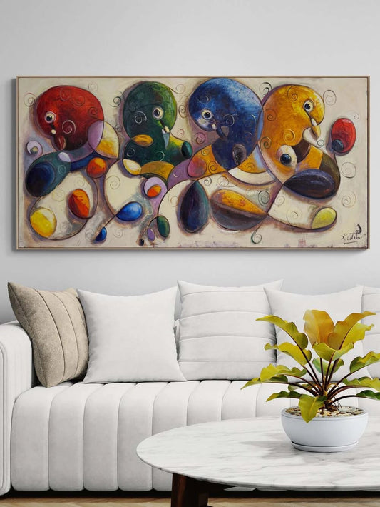 Soyut Renkli Güvercinler Yağlı Boya Tablosu