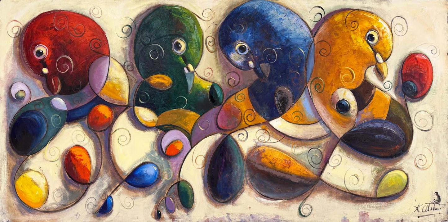 Soyut Renkli Güvercinler Yağlı Boya Tablosu