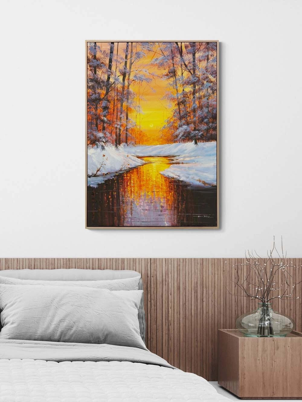 Kışta Gün Batımı Yağlı Boya Tablosu