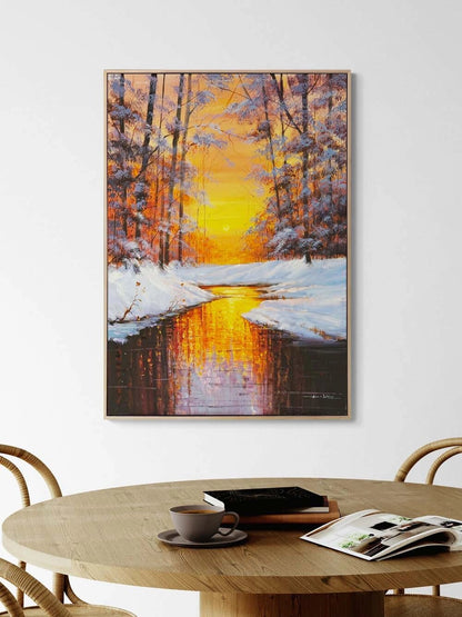 Kışta Gün Batımı Yağlı Boya Tablosu