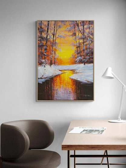 Kışta Gün Batımı Yağlı Boya Tablosu