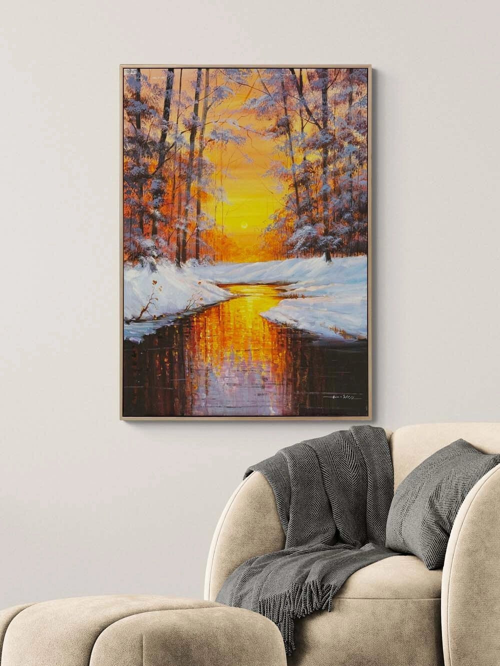 Kışta Gün Batımı Yağlı Boya Tablosu