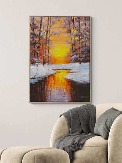 Kışta Gün Batımı Yağlı Boya Tablosu