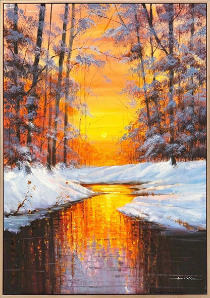 Kışta Gün Batımı Yağlı Boya Tablosu