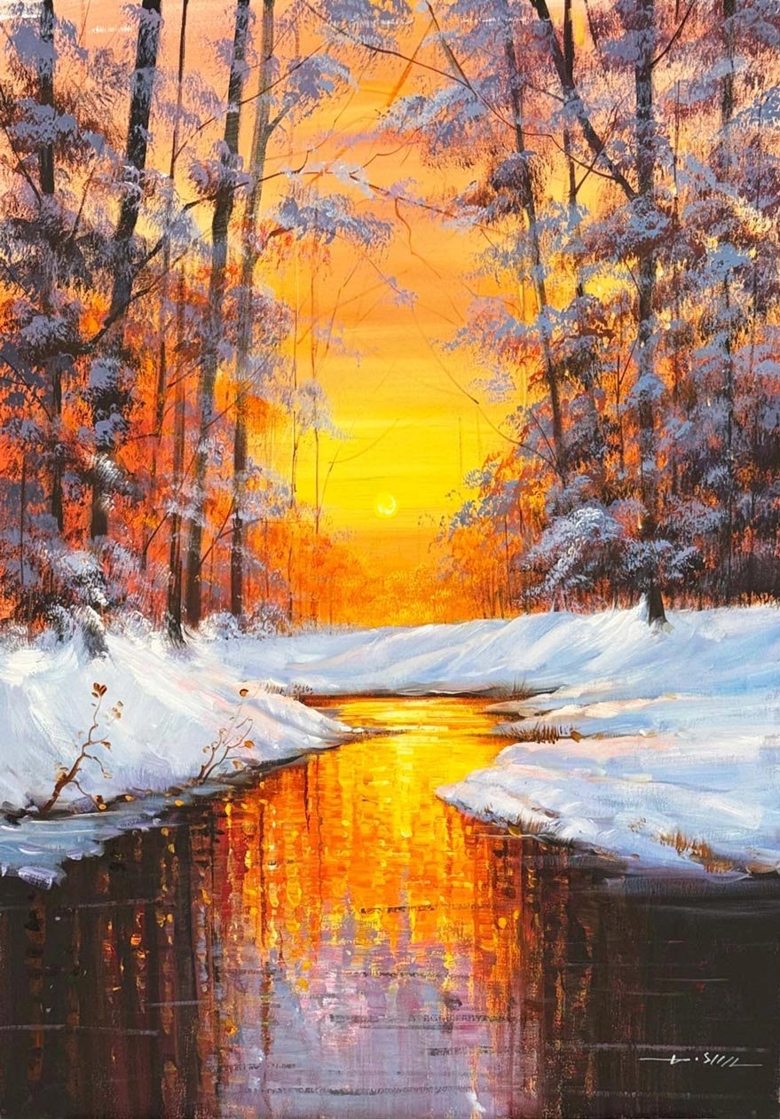 Kışta Gün Batımı Yağlı Boya Tablosu