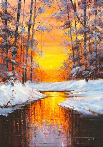 Kışta Gün Batımı Yağlı Boya Tablosu