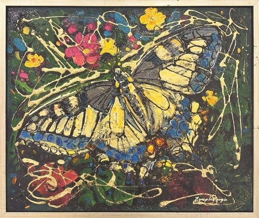 Çiçeklerde Kelebek Yağlı Boya Tablosu