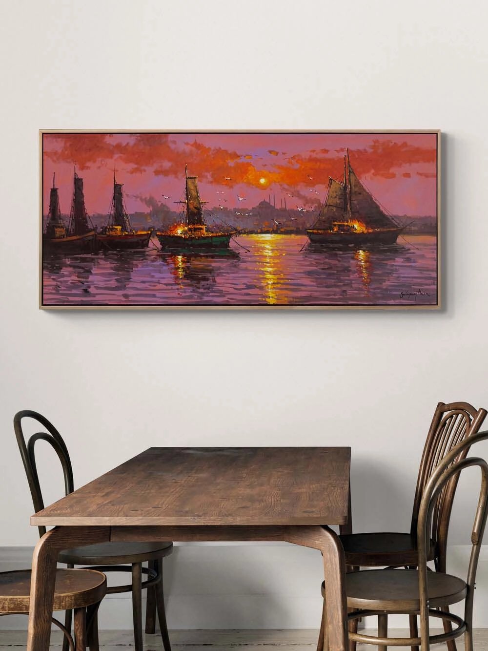 İstanbul Boğazında Tekneler Yağlı Boya Tablosu