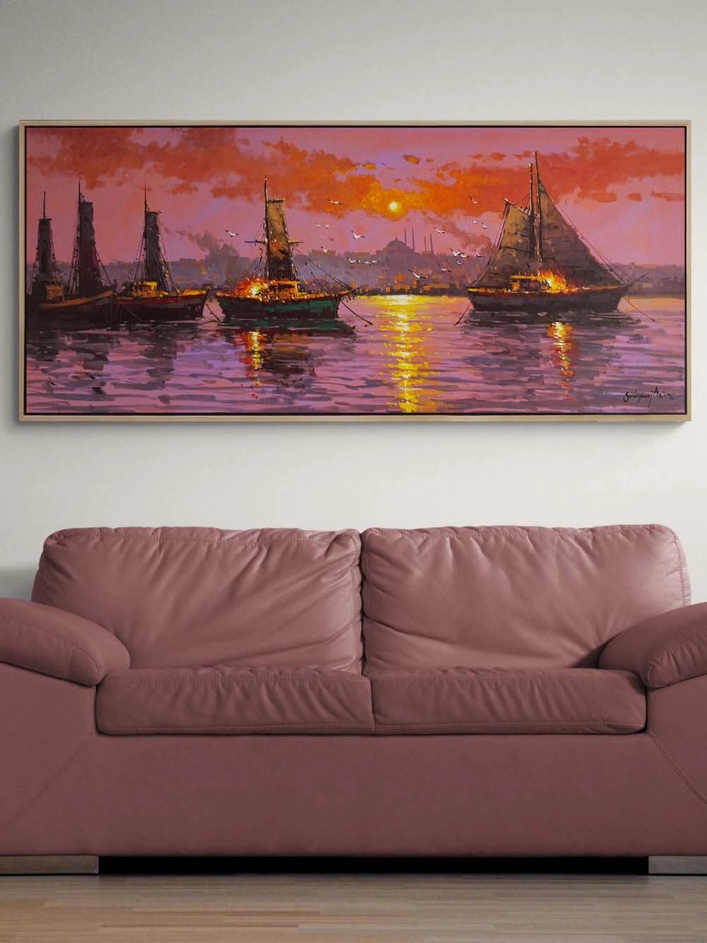 İstanbul Boğazında Tekneler Yağlı Boya Tablosu