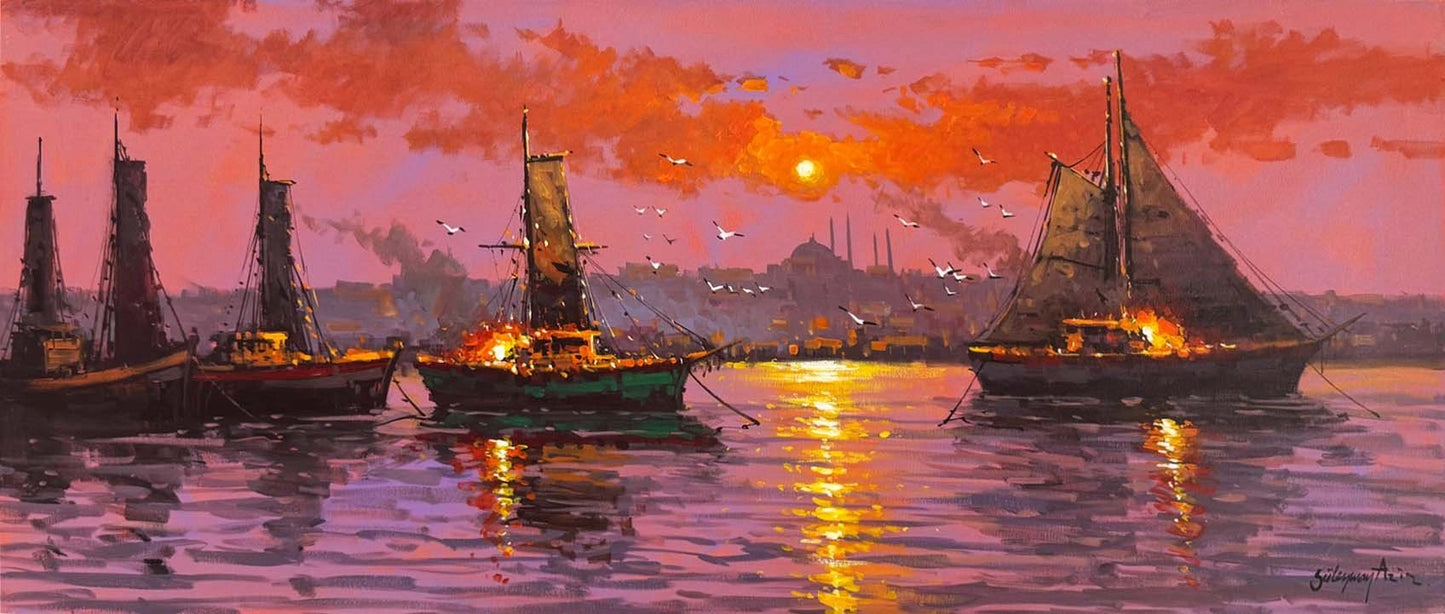 İstanbul Boğazında Tekneler Yağlı Boya Tablosu