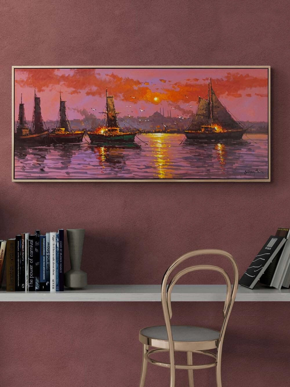 İstanbul Boğazında Tekneler Yağlı Boya Tablosu