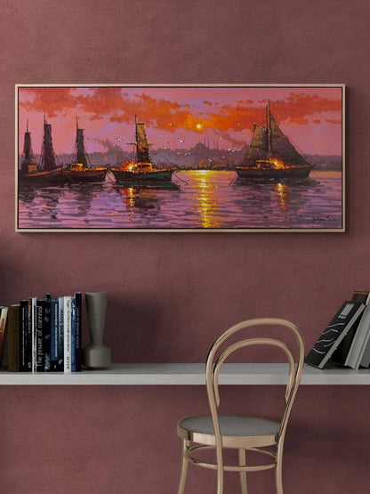 İstanbul Boğazında Tekneler Yağlı Boya Tablosu