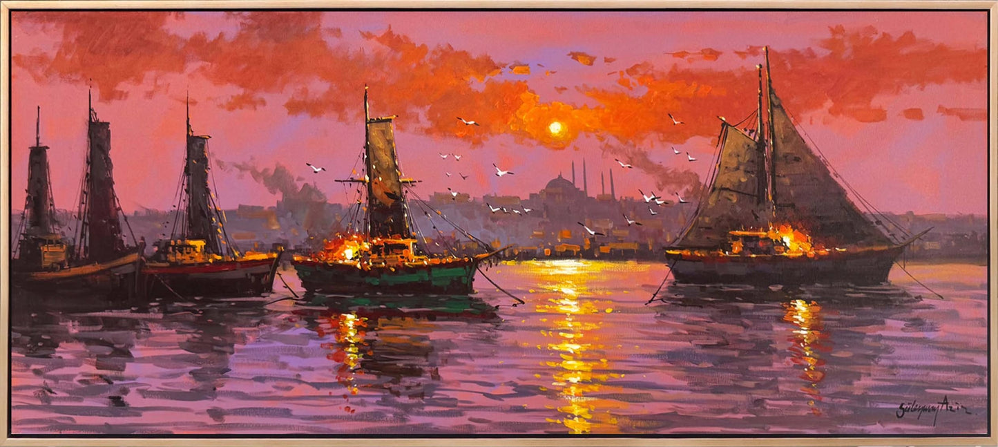 İstanbul Boğazında Tekneler Yağlı Boya Tablosu