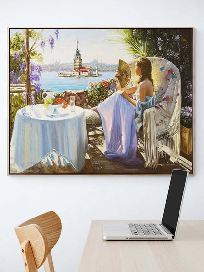 Kız Kulesi Açılan Balkon Yağlı Boya Tablosu