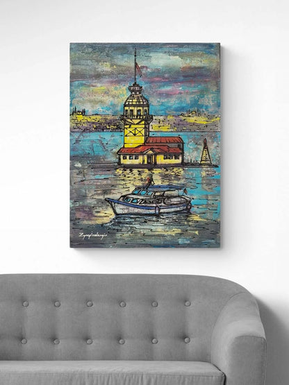 Kız Kulesi’nde Akşam Yağlı Boya Tablosu