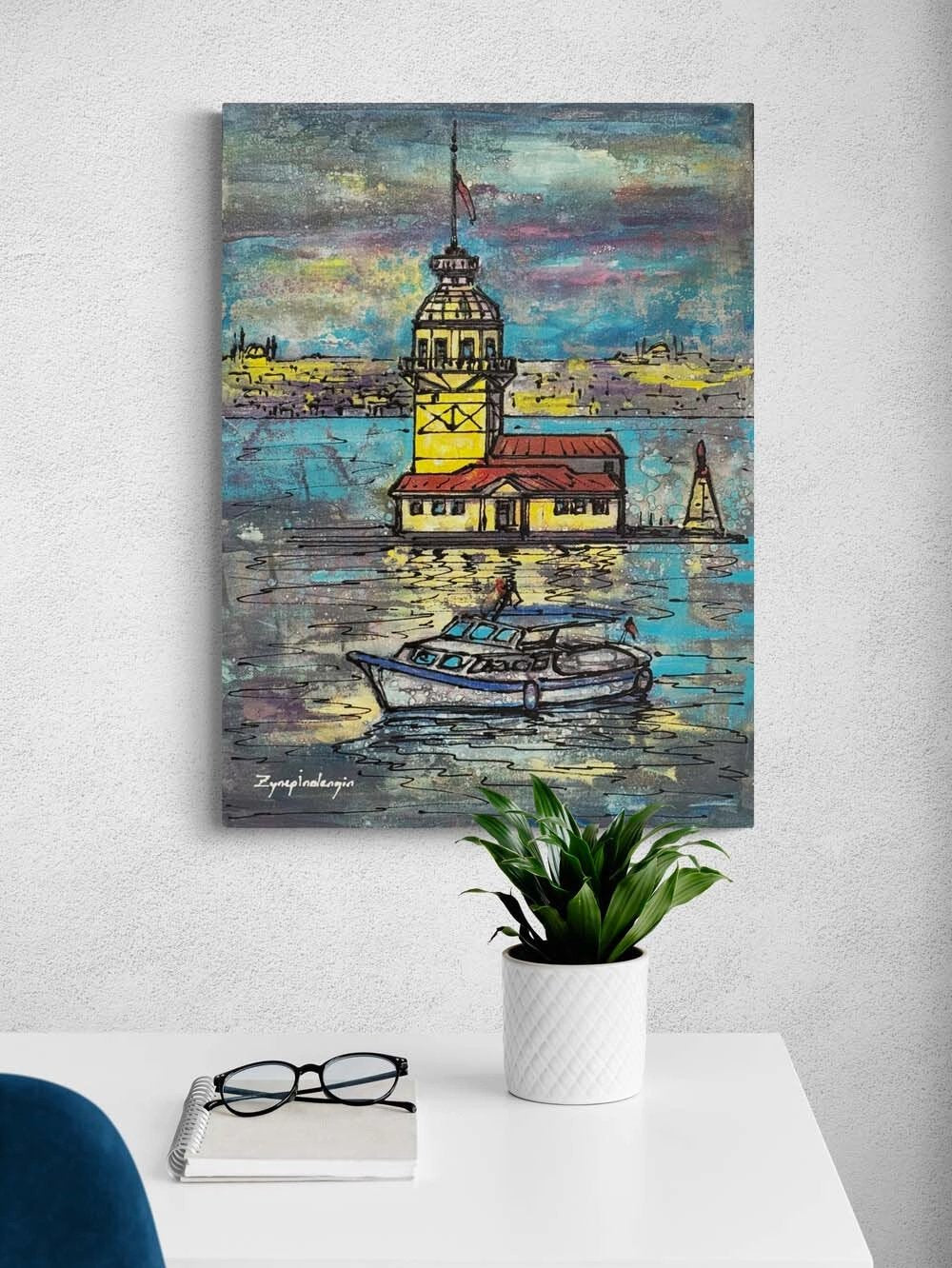 Kız Kulesi’nde Akşam Yağlı Boya Tablosu