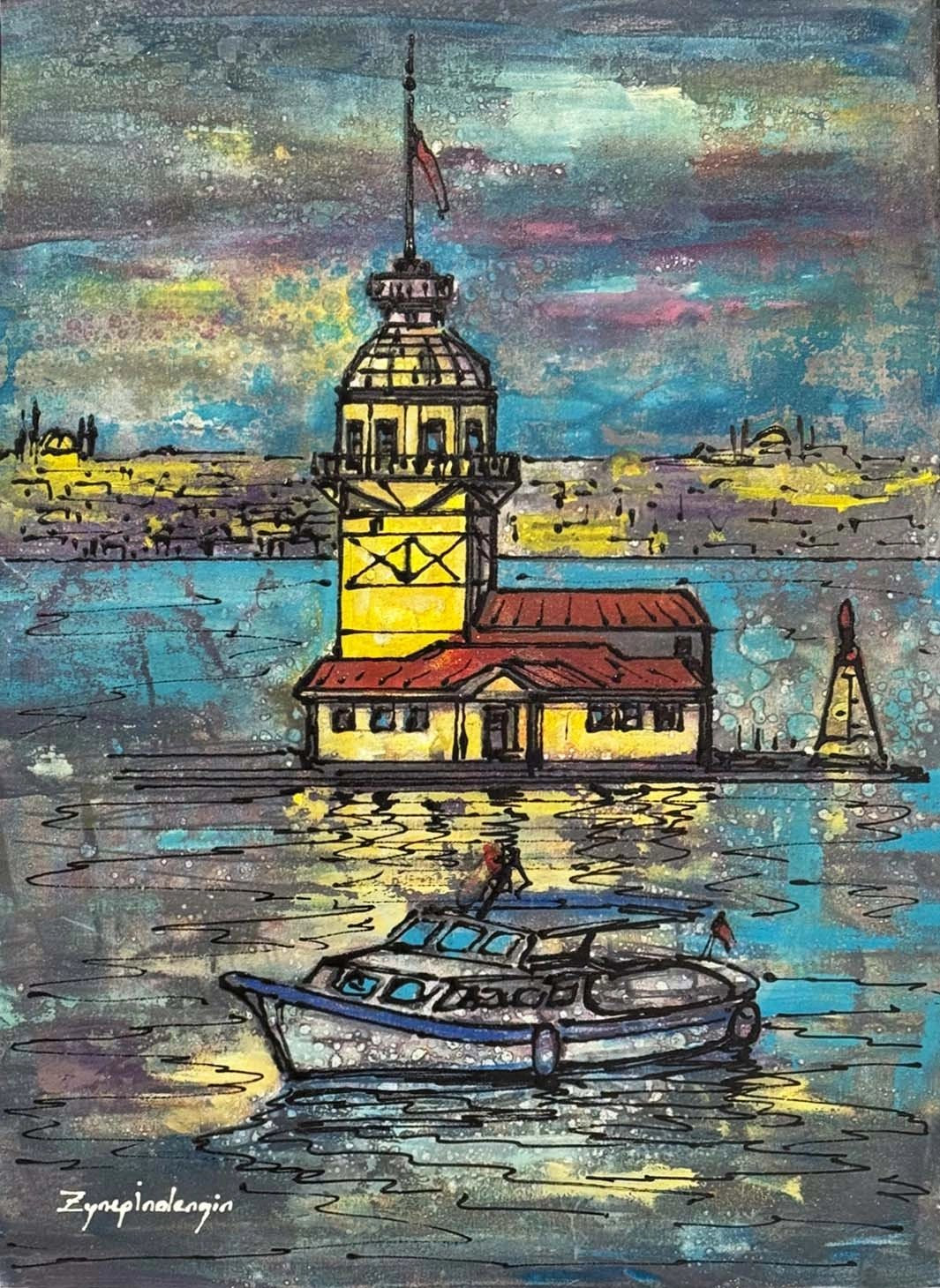 Kız Kulesi’nde Akşam Yağlı Boya Tablosu