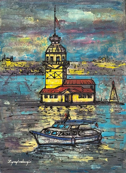 Kız Kulesi’nde Akşam Yağlı Boya Tablosu