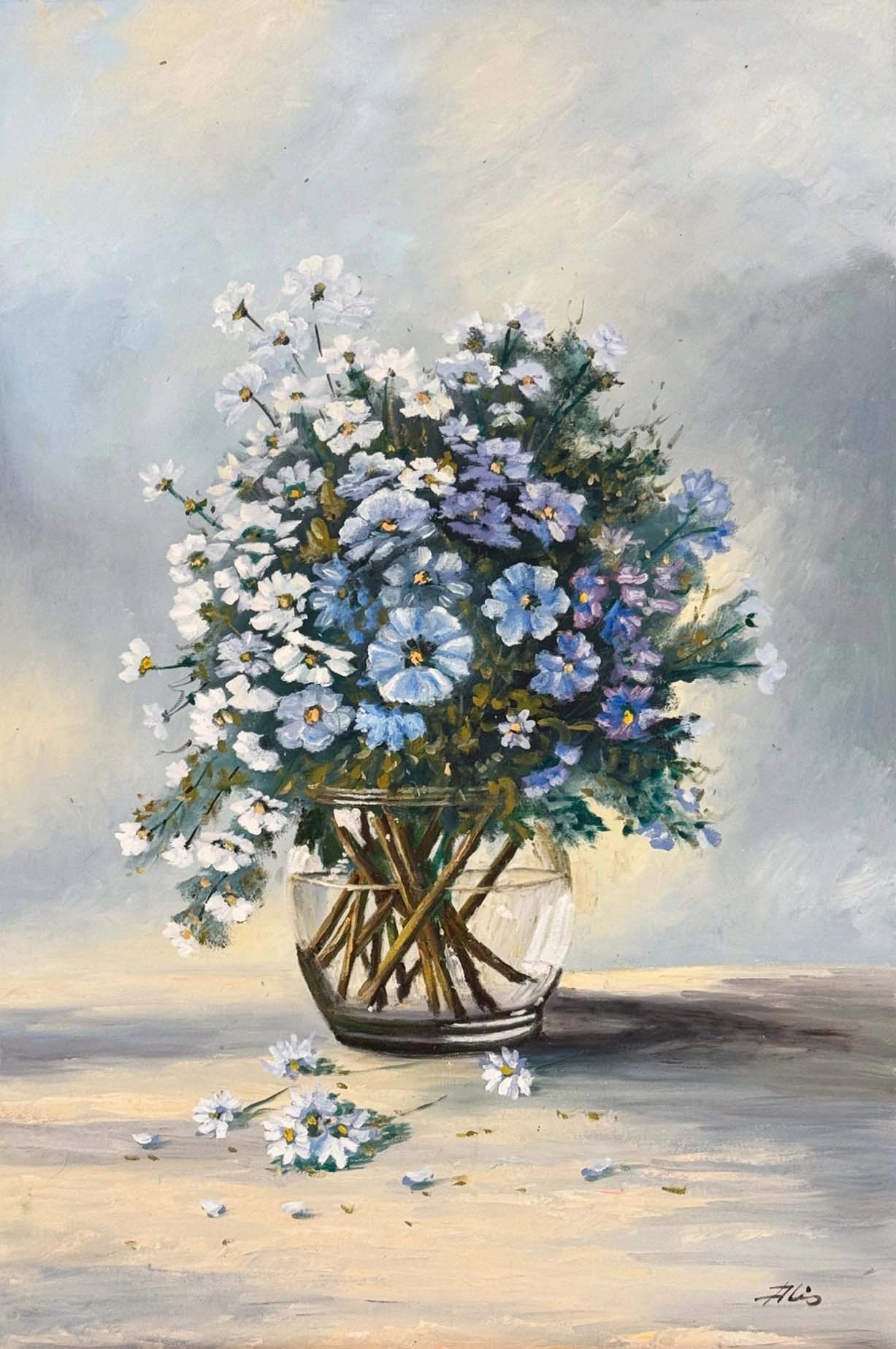 Cam Vazoda Papatyalar Yağlı Boya Tablosu