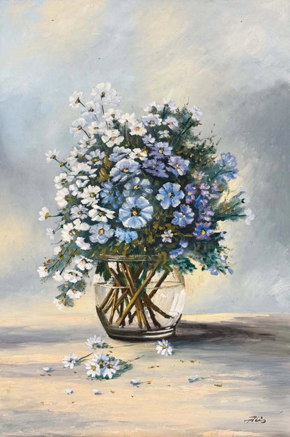 Cam Vazoda Papatyalar Yağlı Boya Tablosu