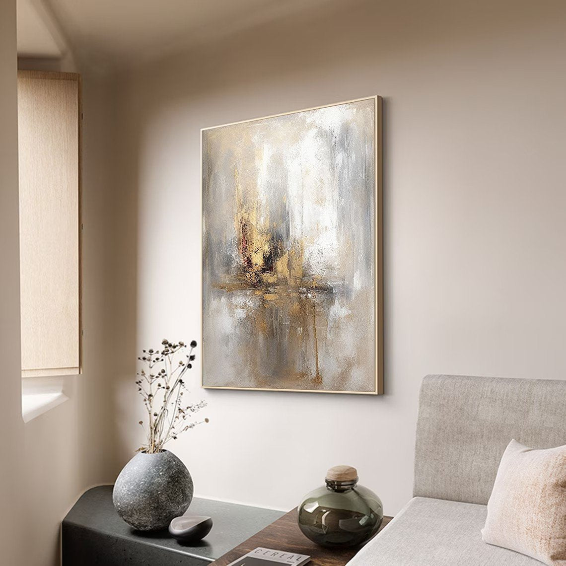 Gri ve Altın Folyo Soyut Siparişe Özel Soyut Yağlı Boya Tablo