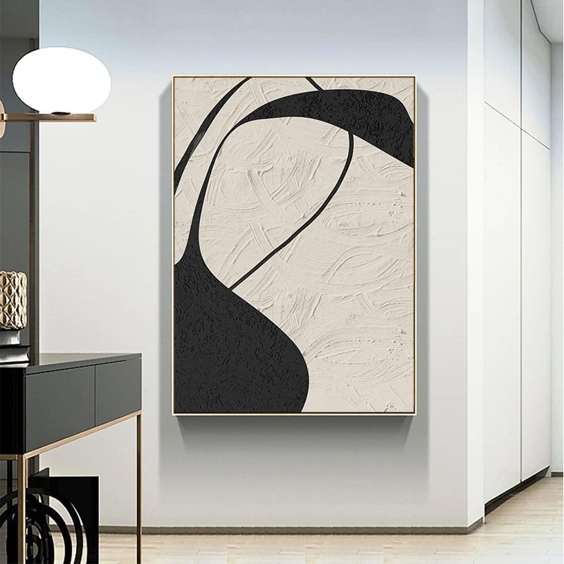 Minimalist Bej ve Siyah Soyut Siparişe Özel Soyut Yağlı Boya Tablo