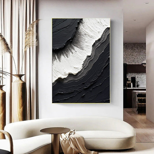 Siyah Beyaz Dalgalar Siparişe Özel Soyut Yağlı Boya Tablo