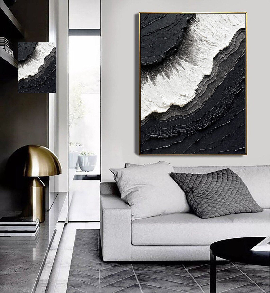 Siyah Beyaz Dalgalar Siparişe Özel Soyut Yağlı Boya Tablo