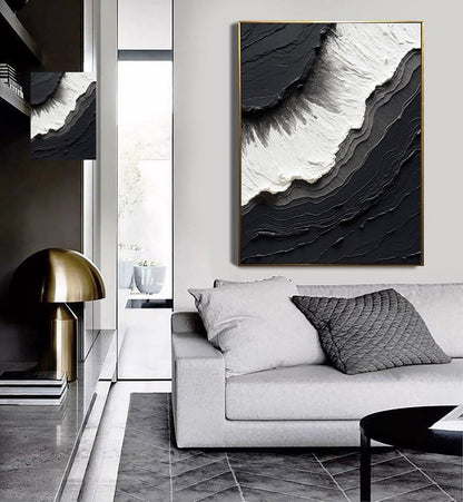 Siyah Beyaz Dalgalar Siparişe Özel Soyut Yağlı Boya Tablo