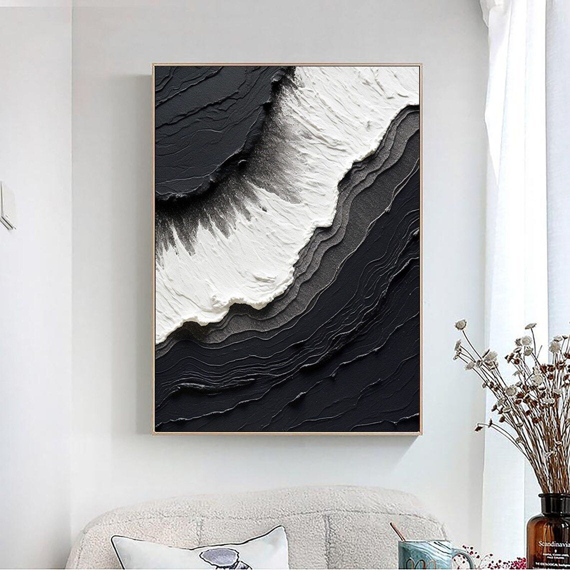 Siyah Beyaz Dalgalar Siparişe Özel Soyut Yağlı Boya Tablo