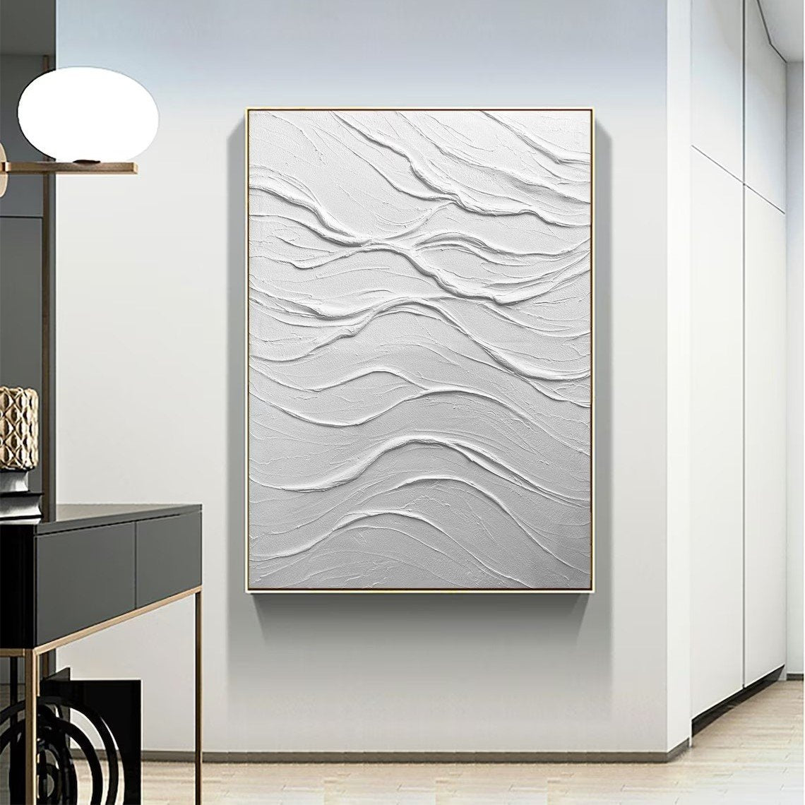 Beyaz Gri Dalga Siparişe Özel Soyut Yağlı Boya Tablo