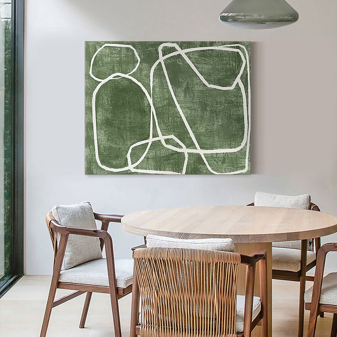 Yeşil Beyaz Minimalist Siparişe Özel Soyut Yağlı Boya Tablo Simurg Sanatevi
