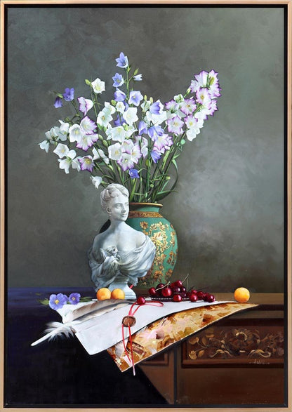 Heykel ve Çan Çiçeklerinin Ahengi Siparişe Özel Yağlı Boya Tablo